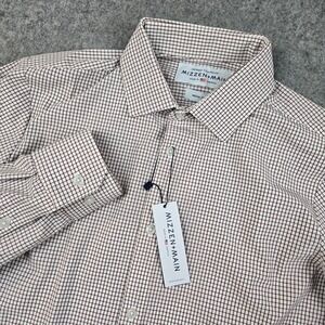 Mizzen+Main Leeward Dress Shirt Mens Medium White Red Check Trim Fit Stretch